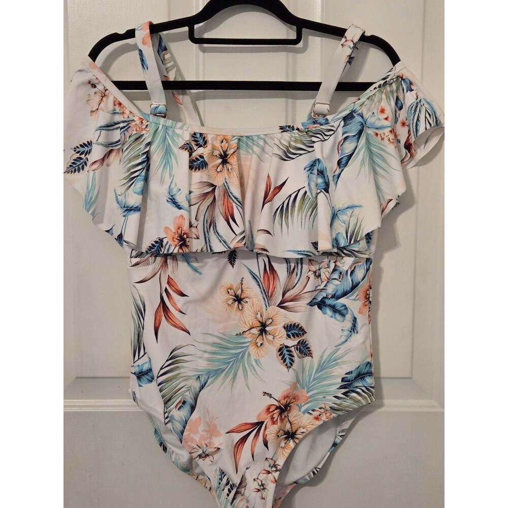White tropical leaf & floral print one-piece by Raisins Curve - Size 14W